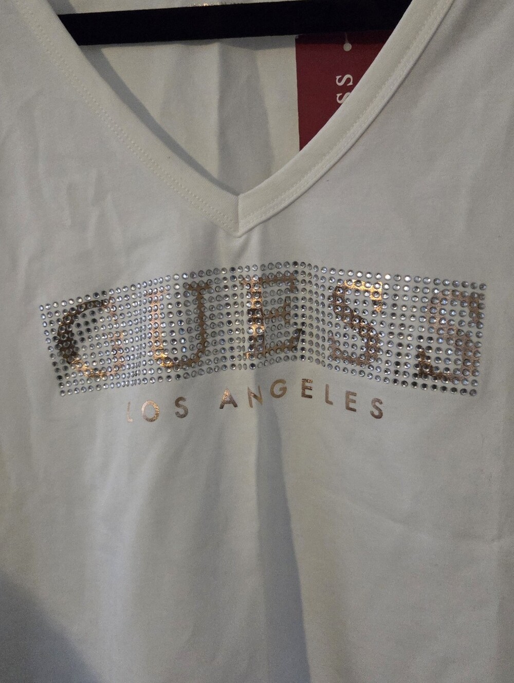 Brand new Guess White V-Neck Tee with Rose Gold and Silver Rhinestone Logo